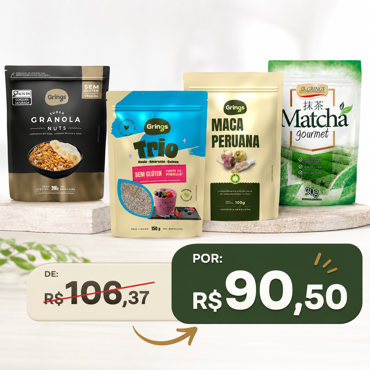 Imagem do produto Kit Café da Manhã Grings - Granola Nuts + Trio Aveia Amaranto Quinoa + Maca Peruana + Matcha Gourmet